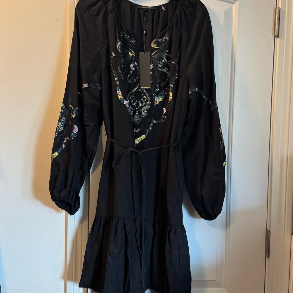 Kobi Halperin Black Long-Sleeve Embroidered Dress with Multicolor Accents